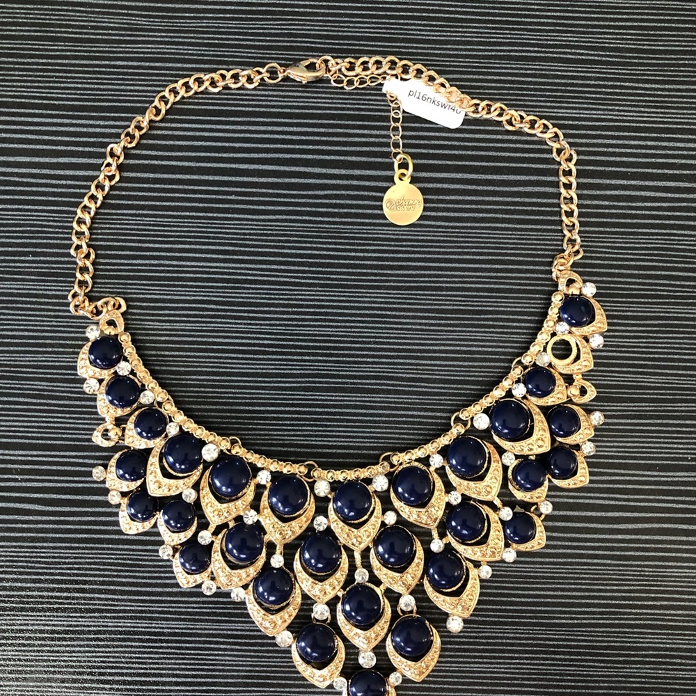 Gold-Tone Navy Statement Bib Necklace - Unbranded